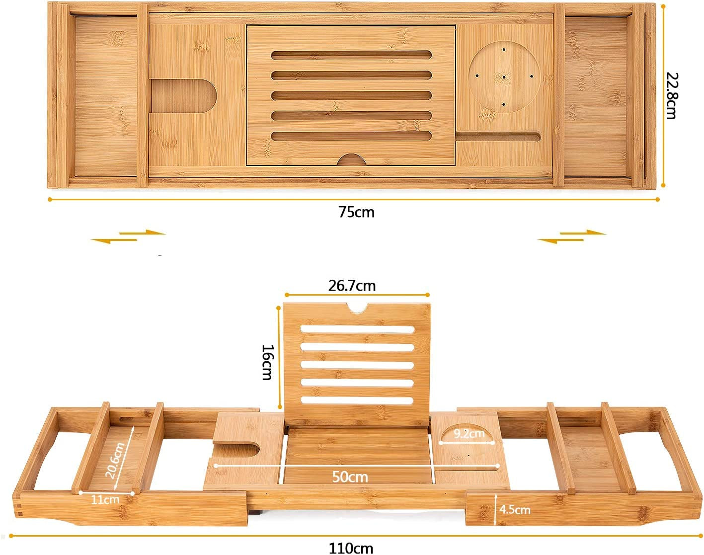 Bamboo Bathtub Caddy Tray with Extending Sides, Cellphone Ipad Tray and Wineglass Holder,Free Soap Holder